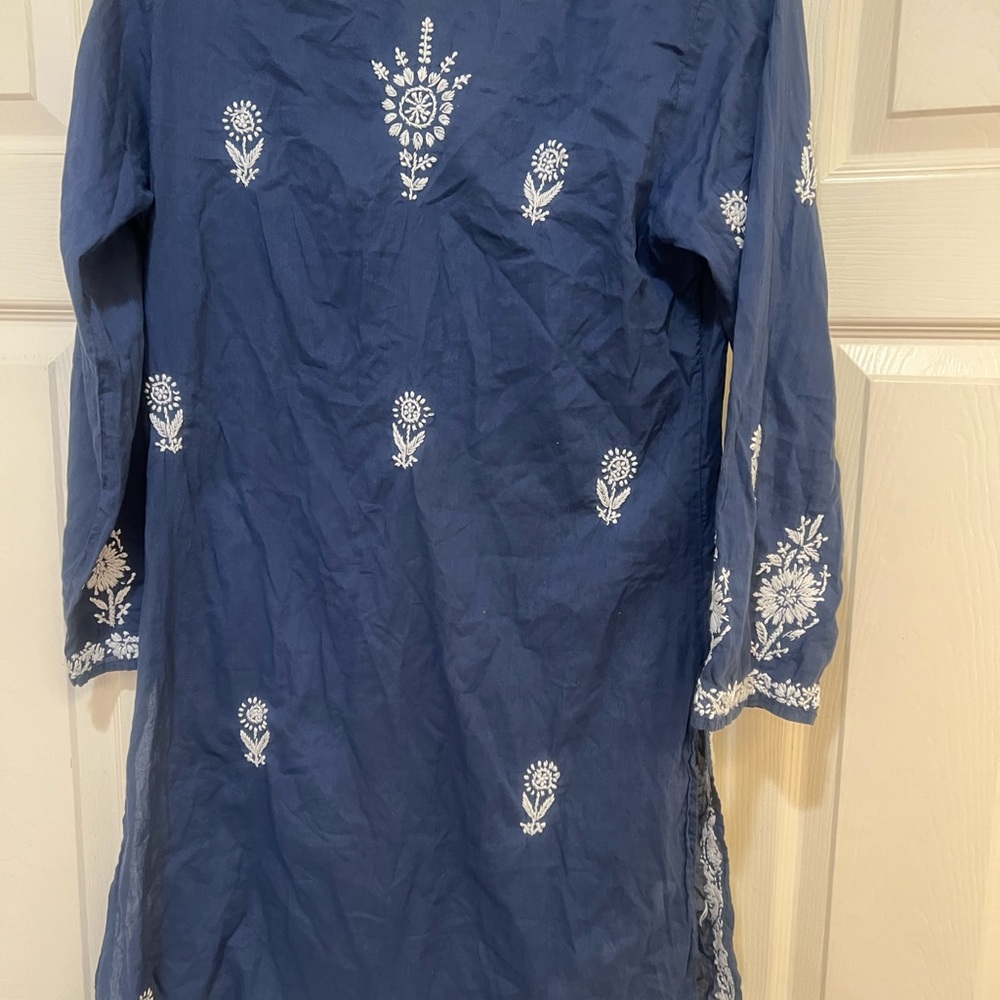 SEVYA 100% Cotton Blue Hand Embroidered 3/4 Sleeve Tunic Dress Beach Cover M - Picture 10 of 11